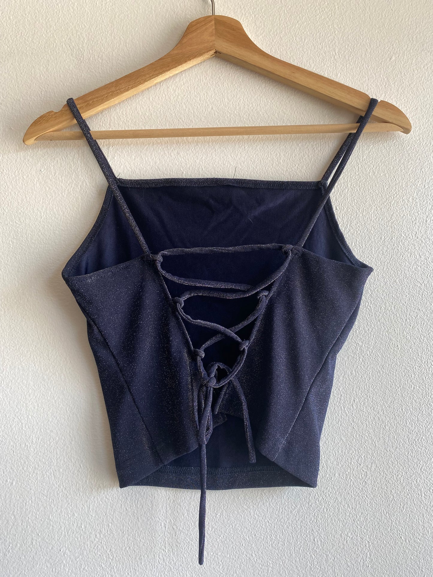 Vintage Y2K City Triangles Navy Glitter Tie Back Top
