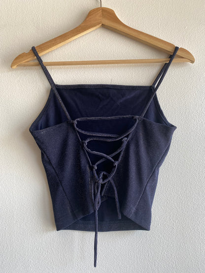 Vintage Y2K City Triangles Navy Glitter Tie Back Top