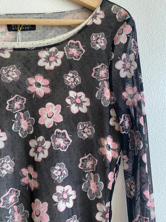 Vintage Y2K New York & Company Black and Pink Floral Mesh Top