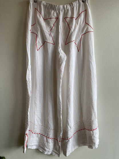 Handmade Vintage Tablecloth White Wide Leg Pants with Red Embroidery