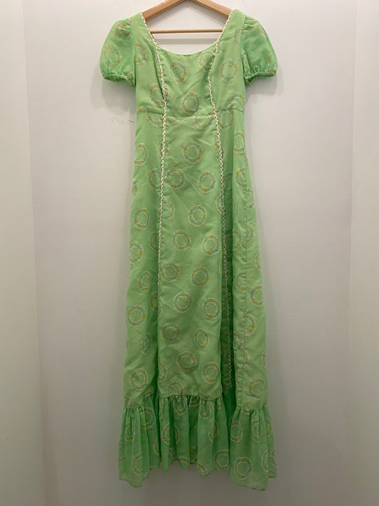 Vintage 70's Green Floral Prairie Style Maxi Dress