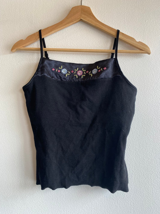 Vintage Y2K Black Floral and Satin Embroidered Cami