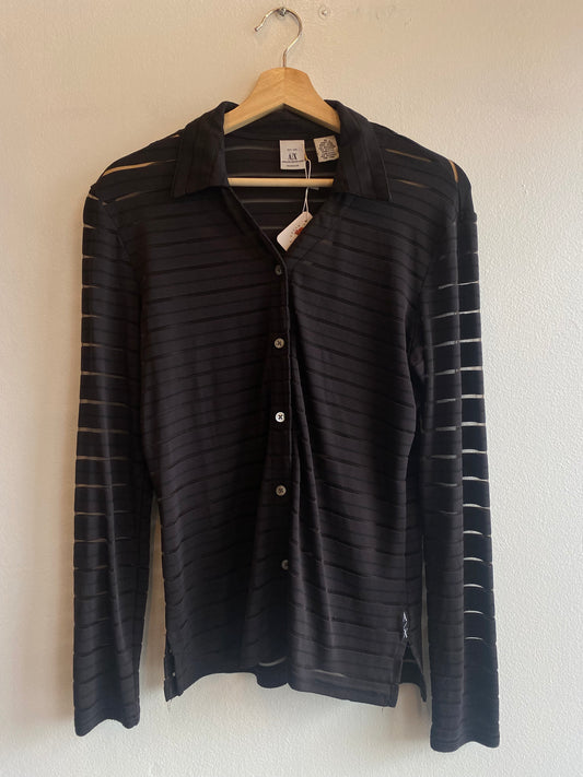 Vintage 90's Armani Exchange Black Sheer Striped Button Up - La Lovely Vintage 