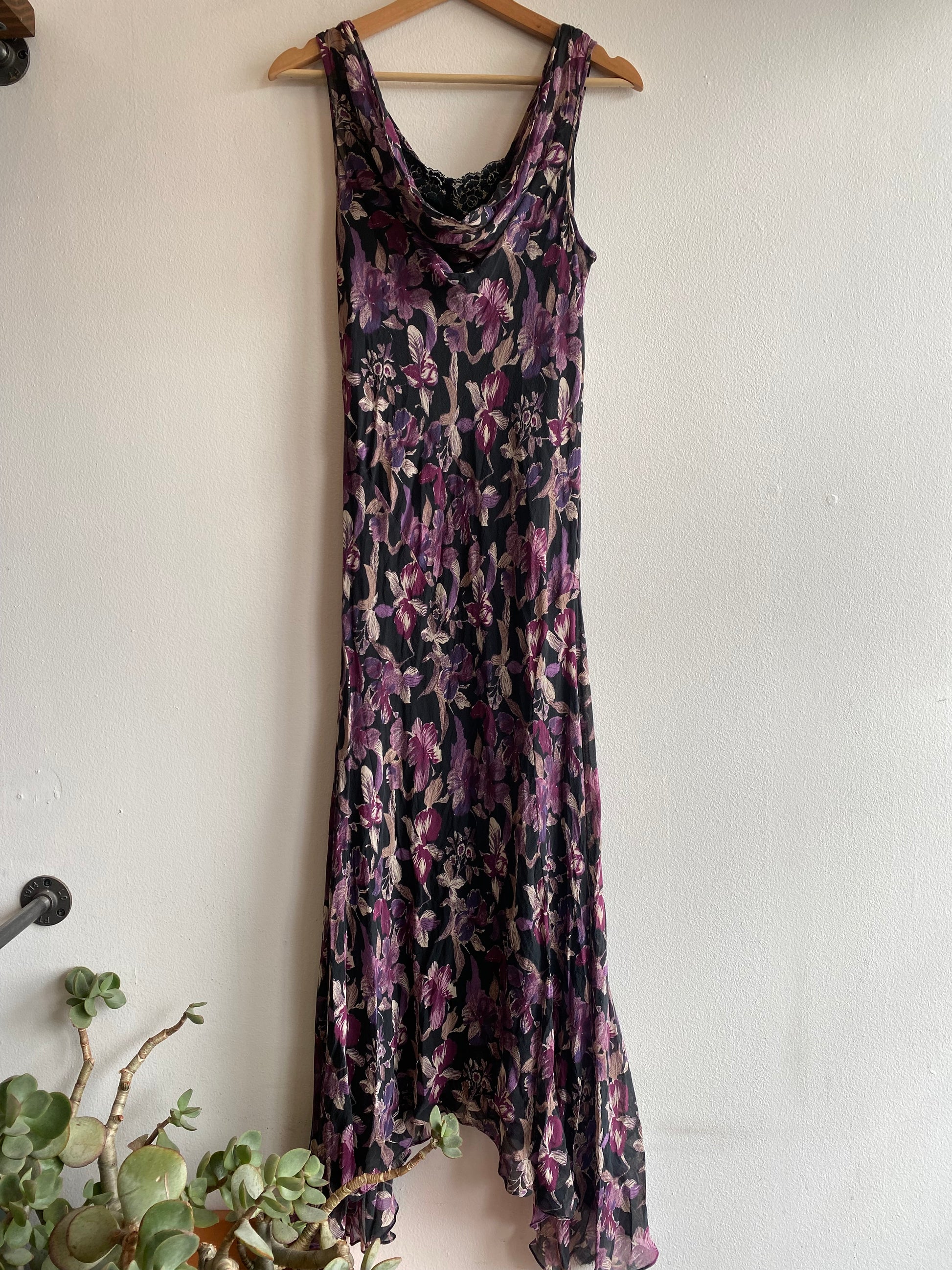 Vintage 90's Papéll Boutique Black and Purple Floral Silk Maxi Dress - La Lovely Vintage 