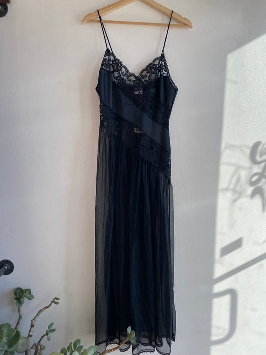 Vintage 90's Fredrick's of Hollywood Black Satin and Lace Slip
