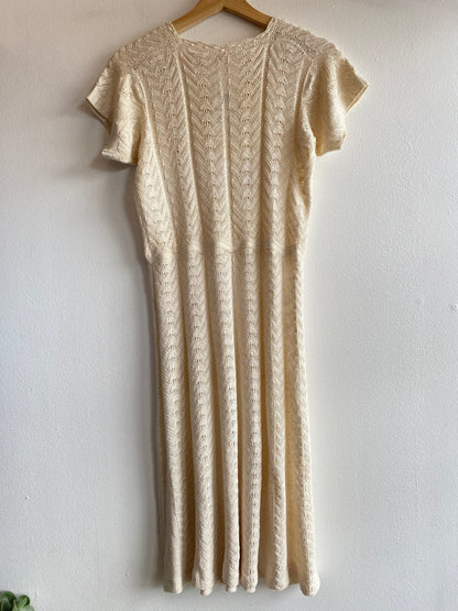 Vintage 70's Crochet Cream Short-Sleeve Button Midi Dress