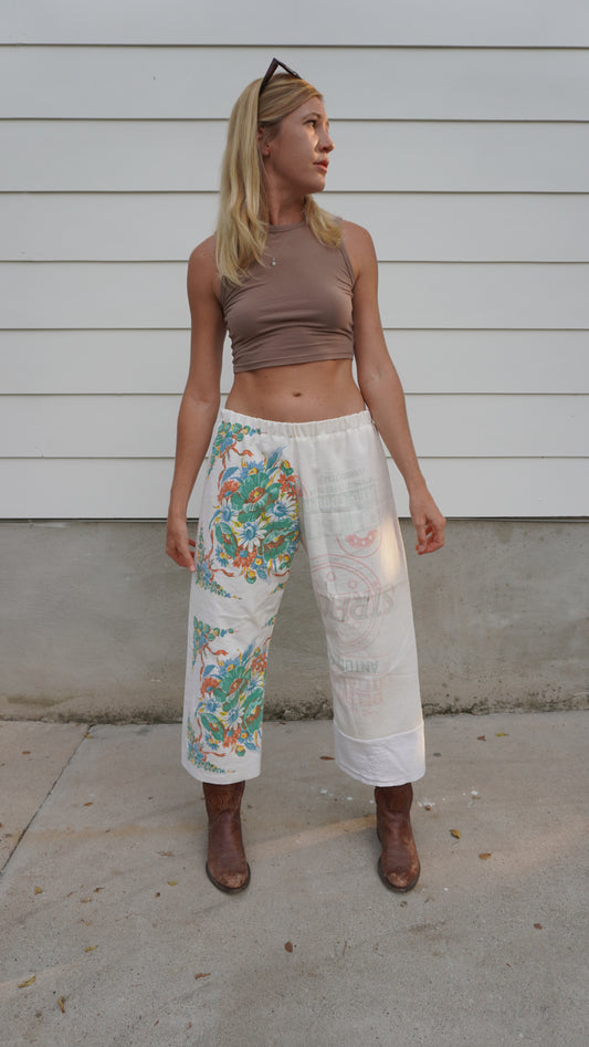 Handmade Vintage Multicolor Floral / Nora Mill Feedsack White Pants