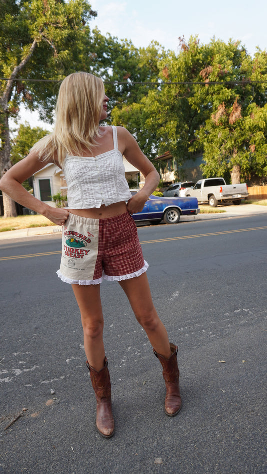 Handmade Vintage Red Plaid / Turkey Breast Feedsack Shorts