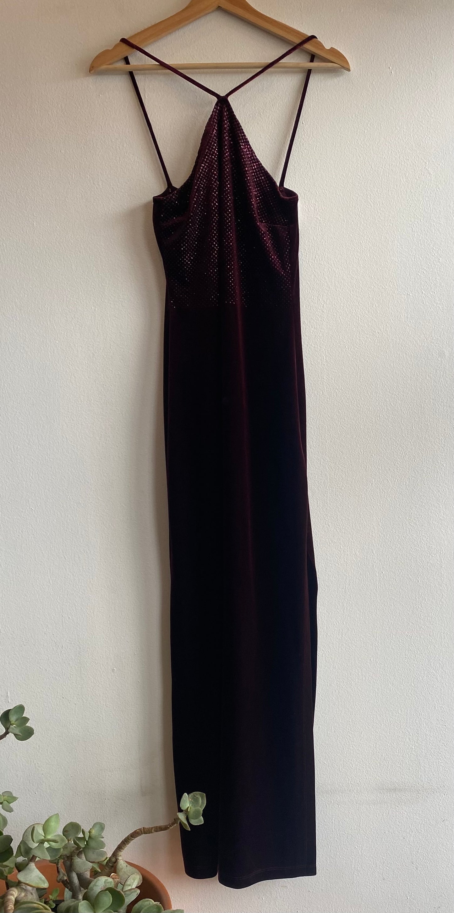 Vintage 90s Burgundy Velvet Shimmer Maxi Dress - La Lovely Vintage 