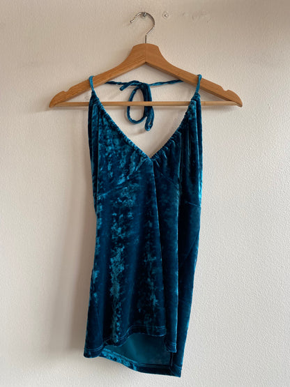 Vintage Y2K Twenty One Teal Velvet Halter Top - La Lovely Vintage 