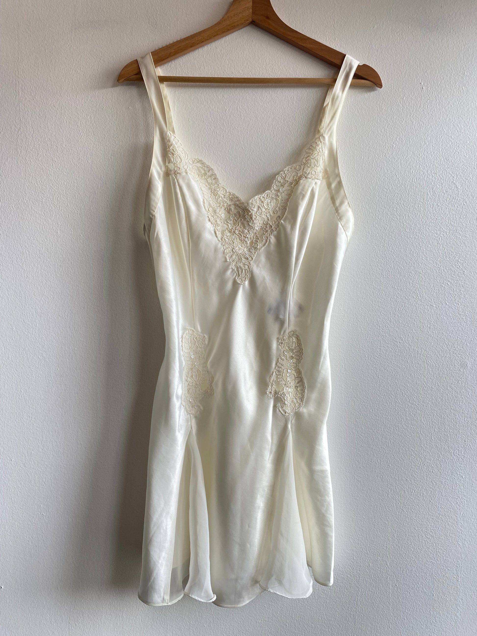 Vintage 90's Victoria's Secret Sequin and Lace Cream Satin Slip Dress - La Lovely Vintage 