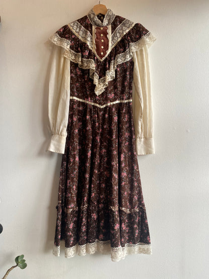 Vintage 70's Gunne Sax Brown Floral Dress - La Lovely Vintage 