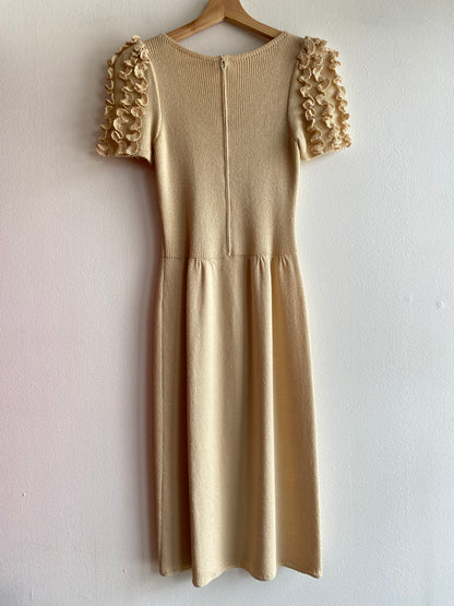 Vintage 70's Beige Ruffle Sleeve Knit Dress