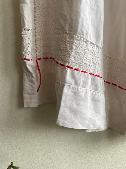 Handmade Vintage Tablecloth White Wide Leg Pants with Red Embroidery