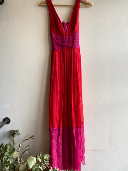 Vintage Y2K Red and Pink Color Block Silk Maxi Dress