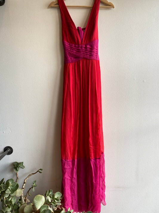 Vintage Y2K Red and Pink Color Block Silk Maxi Dress