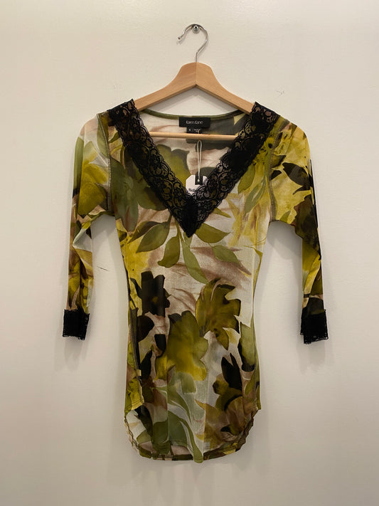 Vintage Y2K green floral mesh top