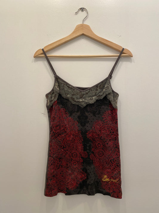 Y2K desigual gray and red lace style cami - La Lovely Vintage 