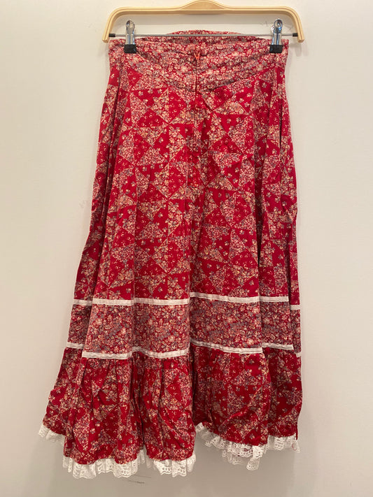Vintage 70s Red Gunne Sax Style Floral Maxi Skirt