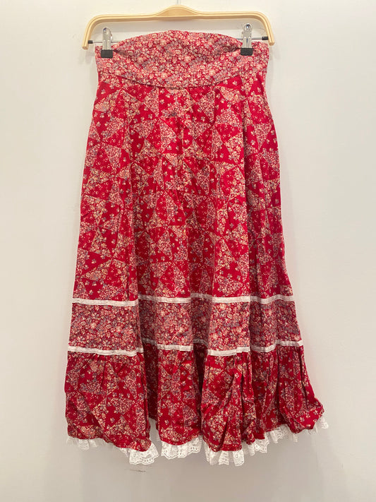 Vintage 70s Red Gunne Sax Style Floral Maxi Skirt