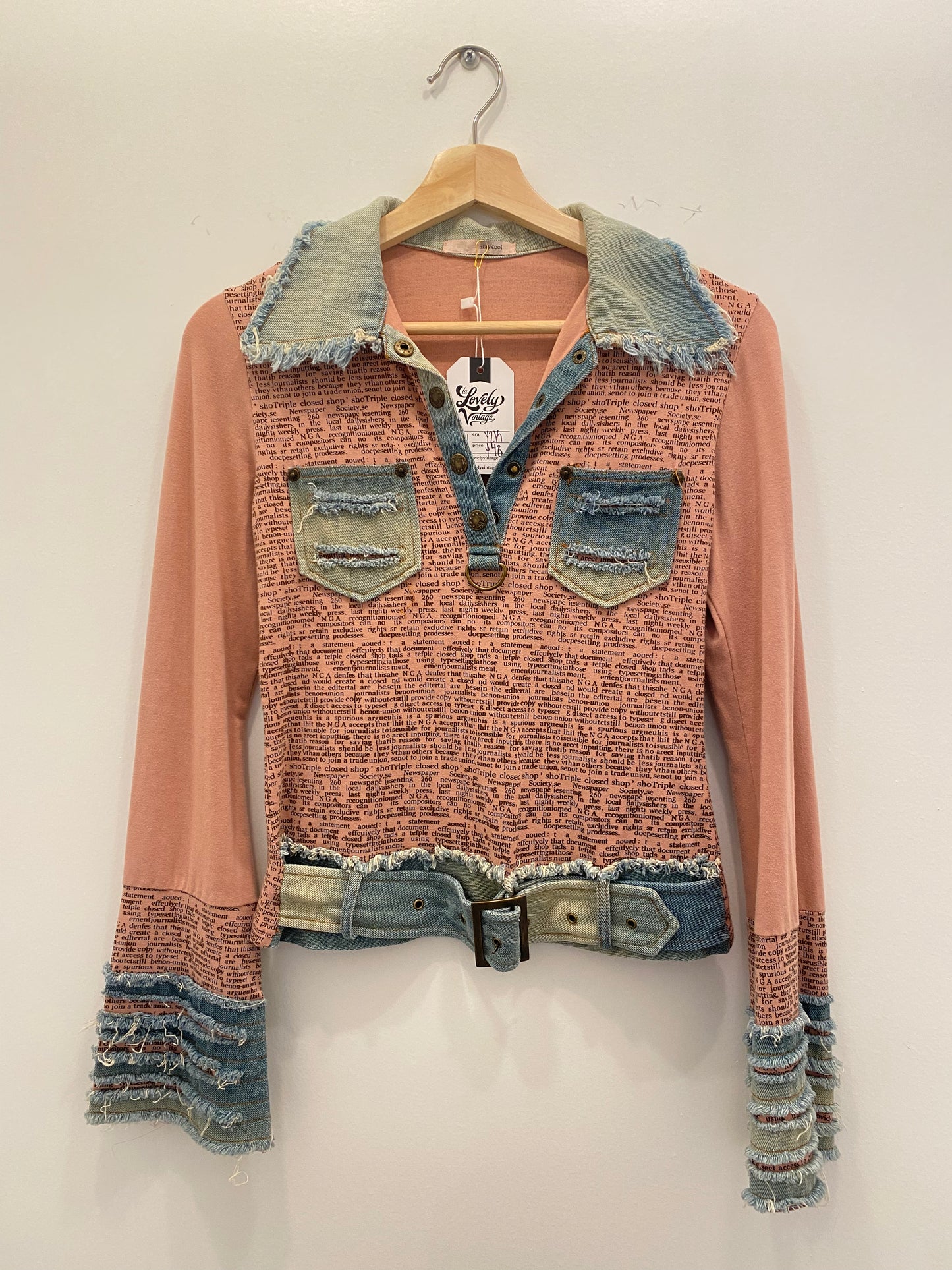 Vintage Y2K Pink Newspaper Print Denim Accent Top