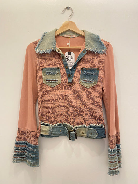 Vintage Y2K Pink Newspaper Print Denim Accent Top