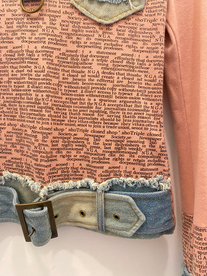 Vintage Y2K Pink Newspaper Print Denim Accent Top