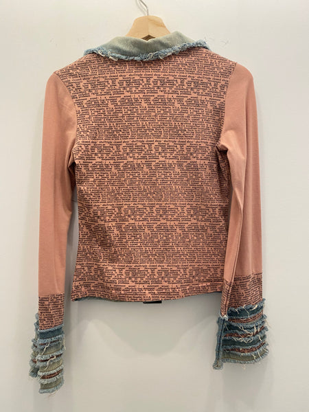 Y2K Pink Newspaper Print Denim Accent Top