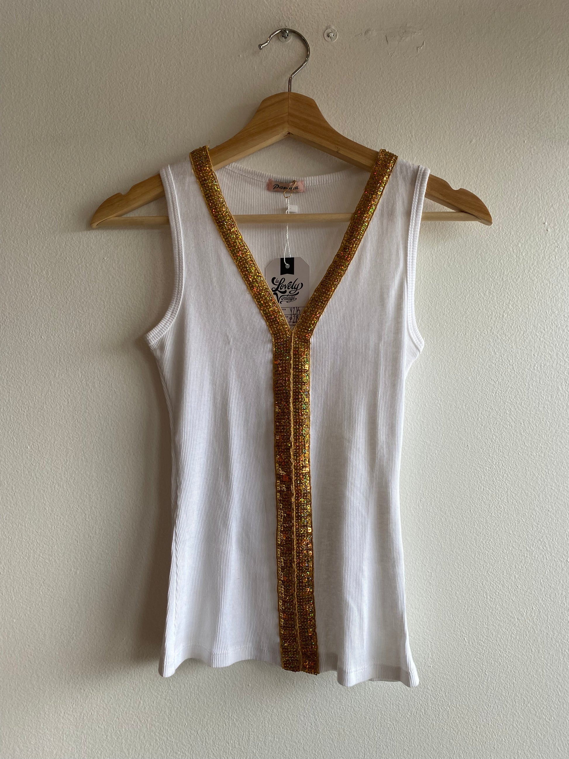 Vintage Y2K white and gold sequin tank top - La Lovely Vintage 