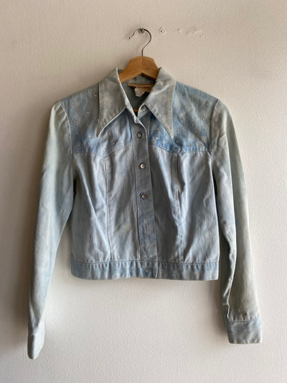 Vintage 70's Dagger Collar Rhinestone Denim Button Up