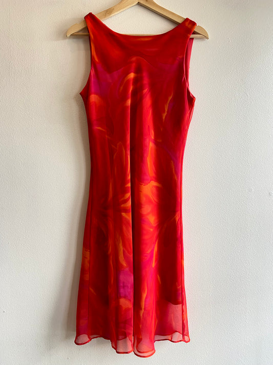 Vintage Y2K pink and orange tone floral midi dress