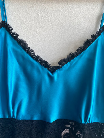 Vintage 80's Victoria's Secret Gold Label Teal and Black Slip - La Lovely Vintage 