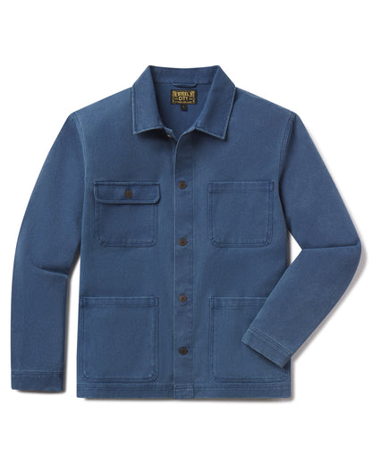 Blue jacket with multiple pockets on a white background