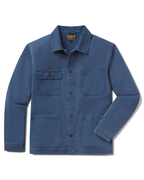 Blue jacket with multiple pockets on a white background