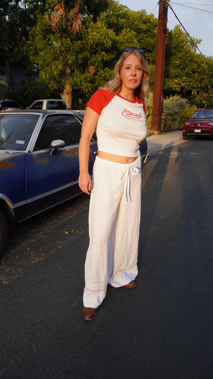 Handmade Vintage Tablecloth White Wide Leg Pants with Red Embroidery