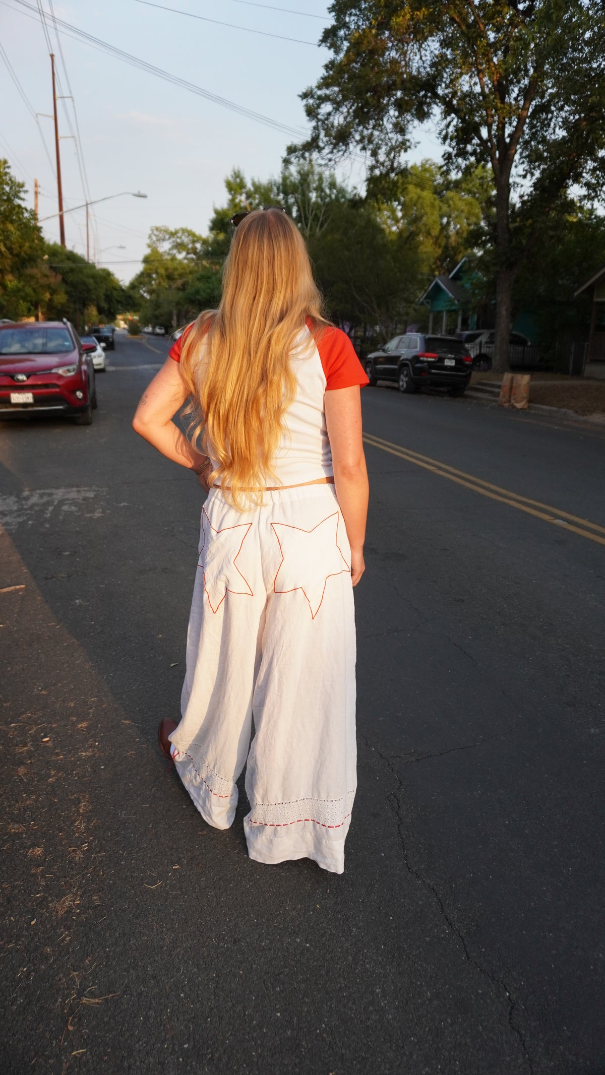 Handmade Vintage Tablecloth White Wide Leg Pants with Red Embroidery