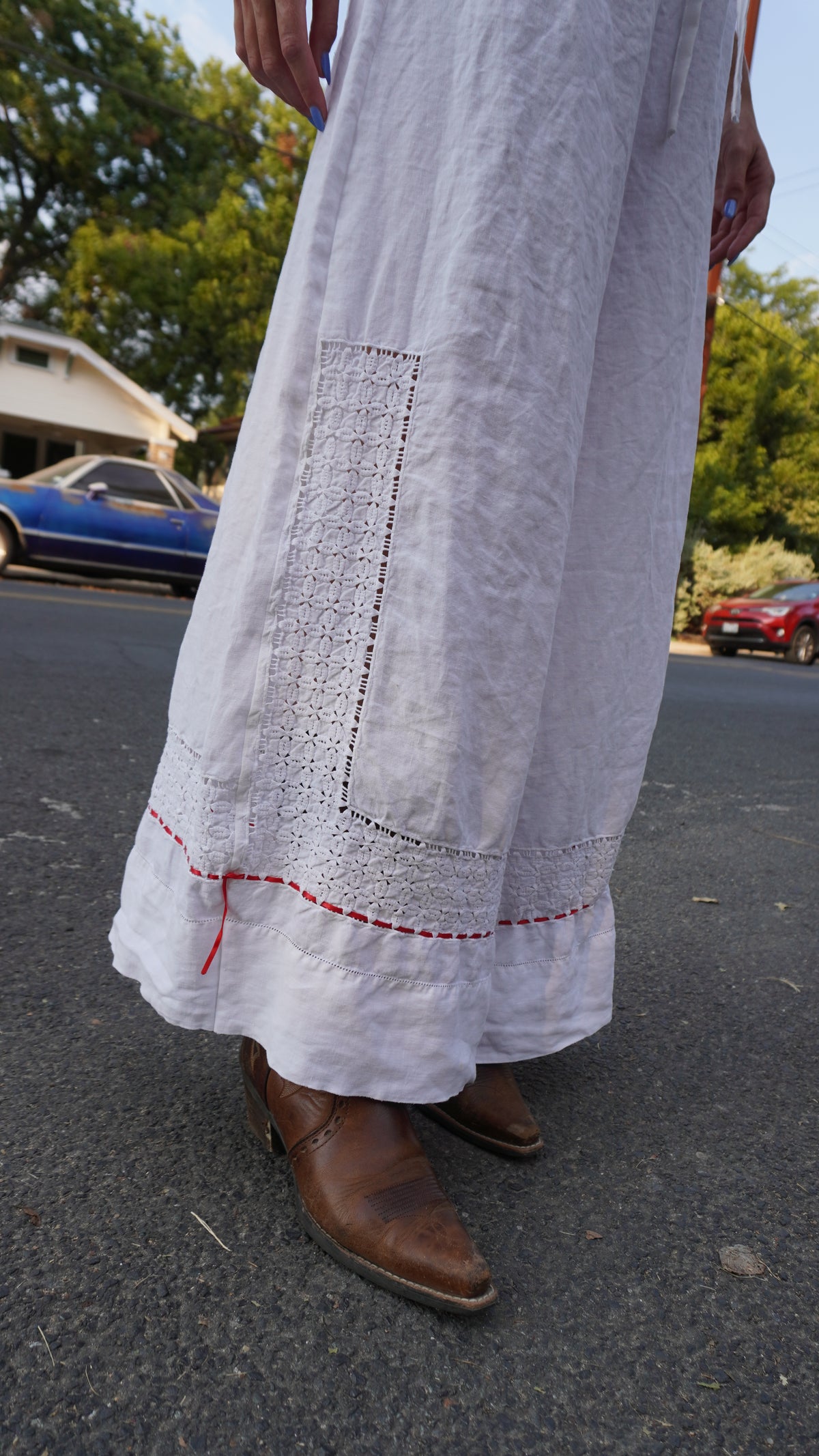 Handmade Vintage Tablecloth White Wide Leg Pants with Red Embroidery