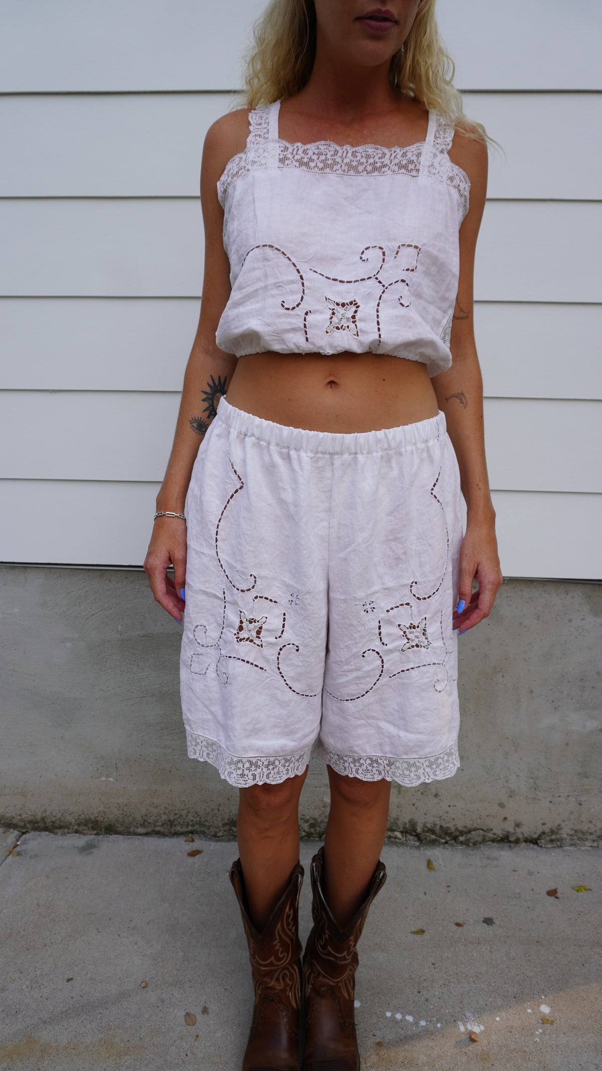 Handmade Vintage Tablecloth White Bermuda Shorts - La Lovely Vintage 