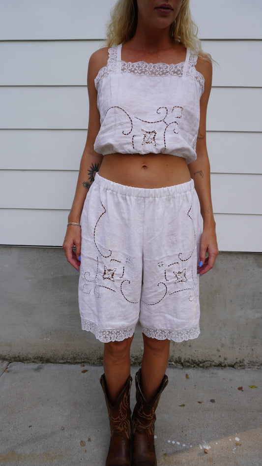 Handmade Vintage Tablecloth White Bermuda Shorts
