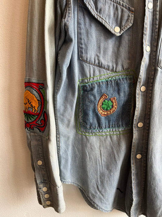 Vintage 1950’s sears embroidered denim slant pocket pearl snap shirt