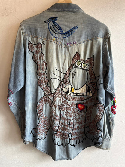 Vintage 1950’s sears embroidered denim slant pocket pearl snap shirt