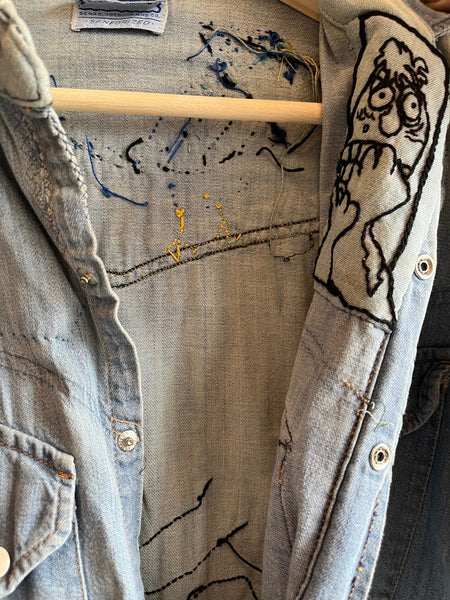 Vintage 1950’s sears embroidered denim slant pocket pearl snap shirt