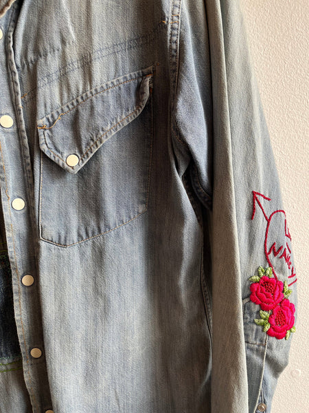 Vintage 1950’s sears embroidered denim slant pocket pearl snap shirt