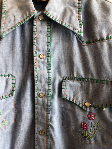 Vintage 1970’s Embroidered Chambray Button-Up Shirt