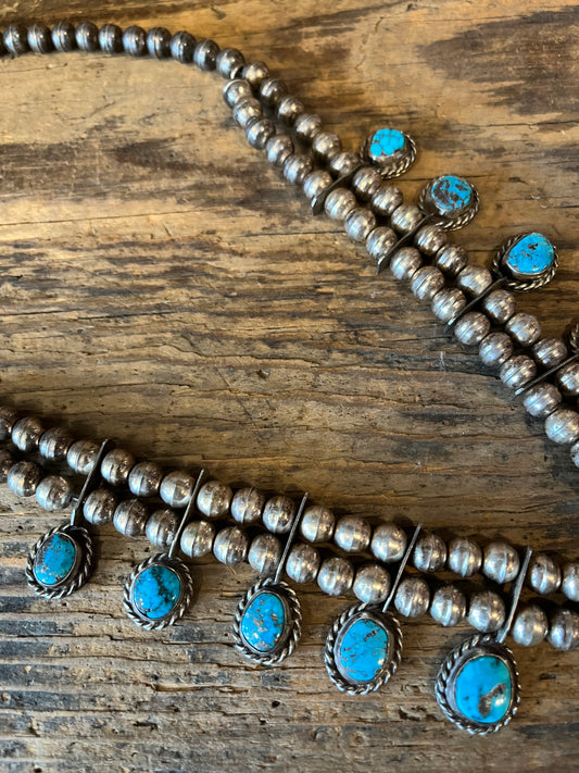 Vintage 1940’s Turquoise and Sterling “Squash Blossom” Necklace