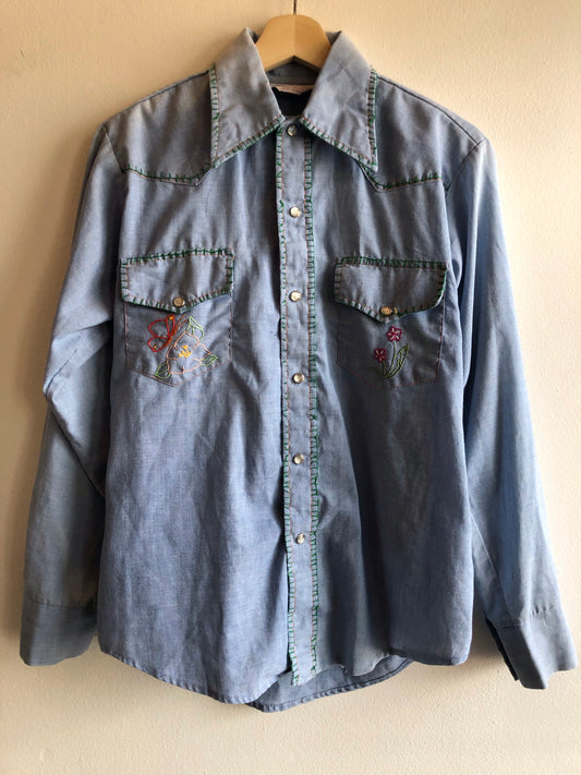 Vintage 1970’s Embroidered Chambray Button-Up Shirt