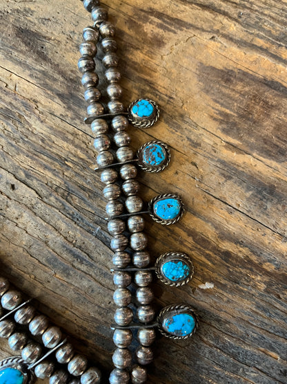 Vintage 1940’s Turquoise and Sterling “Squash Blossom” Necklace