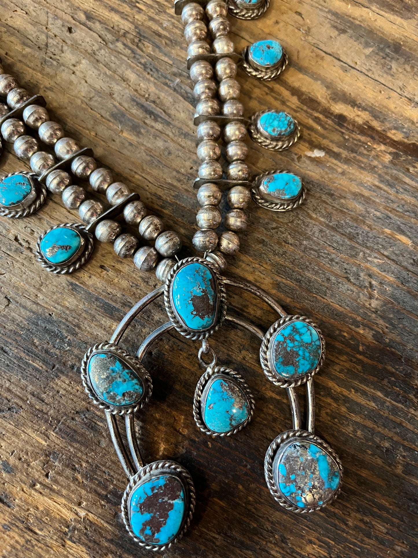 Vintage 1940’s Turquoise and Sterling “Squash Blossom” Necklace