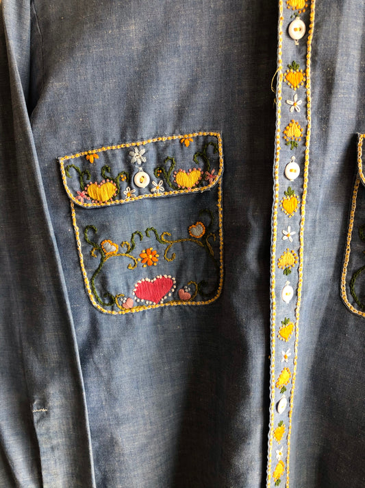 Vintage 1970’s Big Mac Embroidered Chambray Button-Up Shirt - La Lovely Vintage 