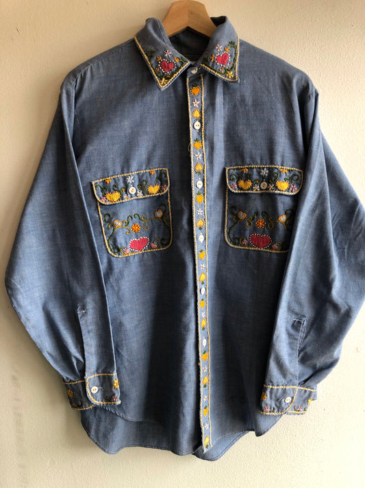 Vintage 1970’s Big Mac Embroidered Chambray Button-Up Shirt - La Lovely Vintage 